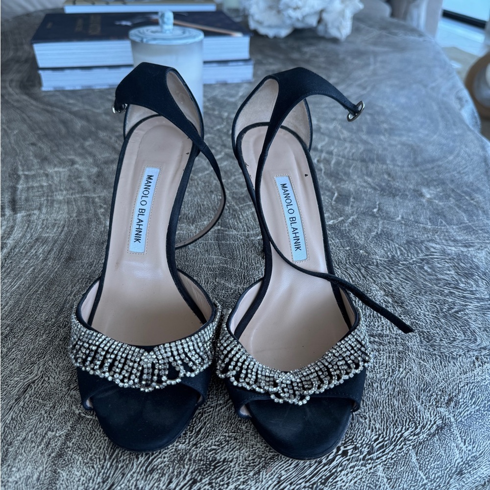 Manolo Blahnik Black Satin Heels with Beaded Accents